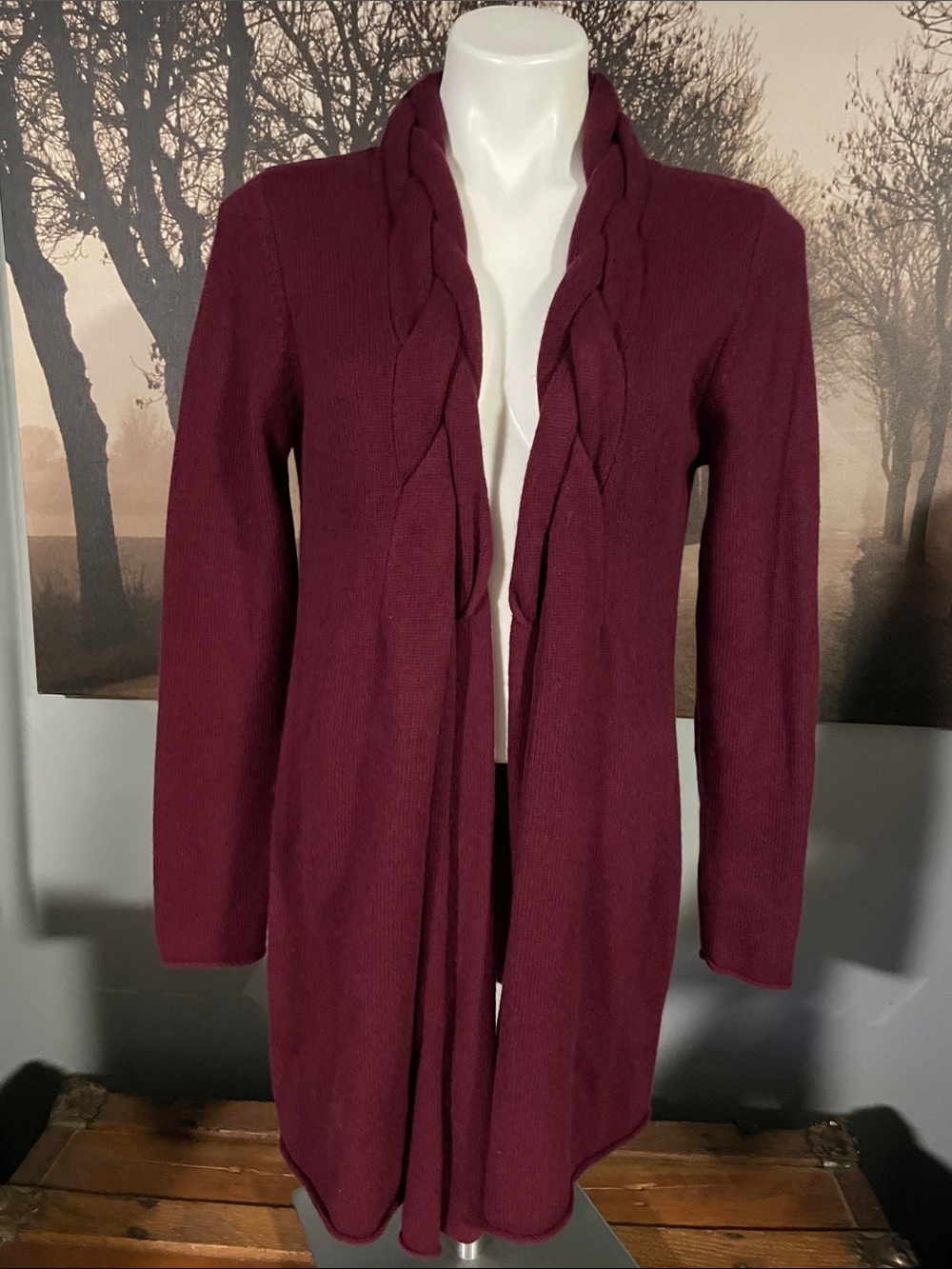 Neiman Marcus Open-Front Cable-Trim Cardigan Sweater - Burgundy - L